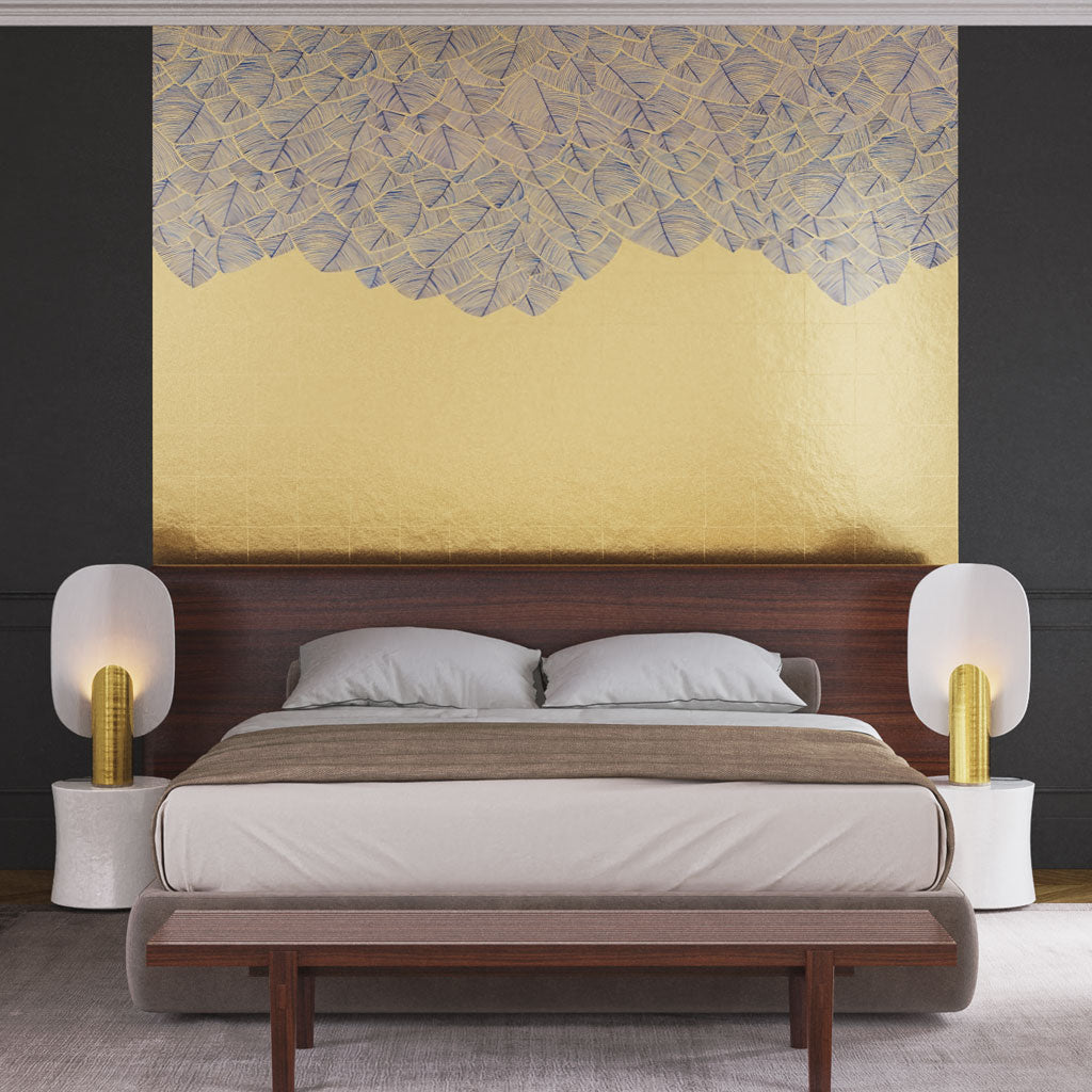 Papier Peint panoramique doré Le décor « Feuillu » fait entrer la nature dans votre intérieur. Les nervures des feuilles, en léger relief, reprennent toutes les couleurs de l’aquarelle.